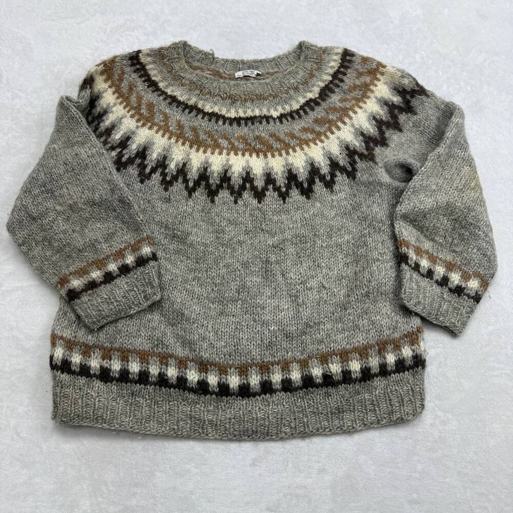 Hand Knit Icelandic Wool Unisex Sweater Grey Size L Fair Isle Lopapeysa Vintage
